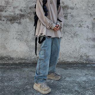 Washed Pocketed Wide-leg Jeans