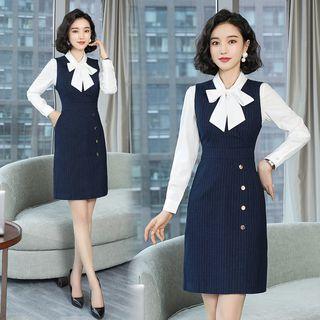 Tie-neck Blouse / Sleeveless Striped Dress / Set