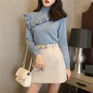 Mock Neck Ruffle Knit Top / A-line Skirt