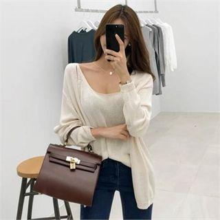 Set: Rib-knit Cardigan + Sleeveless Knit Top