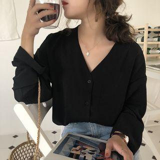 Plain V-neck Loose-fit Long-sleeve Chiffon Blouse