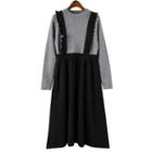 Mock Two-piece Long-sleeve Midi A-line Knit Dress Gray - One Size