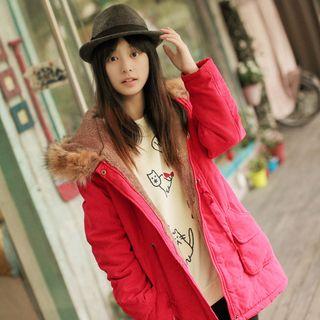 Furry Trim Hooded Fleece Lined Jacket