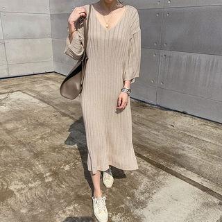 V-neck Long Rib Knit Dress