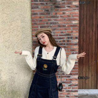 Button Cardigan / Embroidered Midi Denim Jumper Dress