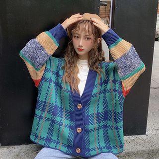 Plaid V-neck Cardigan / Midi A-line Skirt