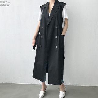 Notched-lapel Double-breasted Long Vest With Belt