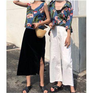 Flower Print Sleeveless V-neck Top / Elbow-sleeve Shirt
