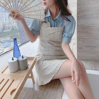 Set: Short-sleeve Shirt + Spaghetti Strap Plaid Mini Dress