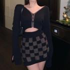 Cropped Cardigan / Check Mini Pencil Skirt