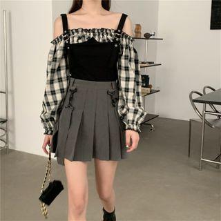Off-shoulder Mock Two-piece Plaid Top / Pleated A-line Mini Skirt