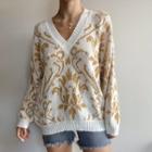Long Sleeve V-neck Printed Loose-fit Sweater