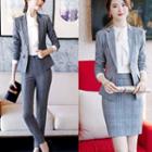 Plaid Single-button Blazer / High-waist Pencil Skirt / Cropped Skinny Pants / Set