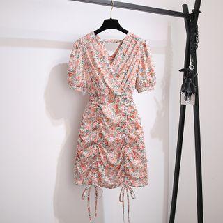 Floral Print Elbow-sleeve Ruched Mini A-line Dress