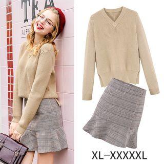 Set: Plain Sweater + Plaid A-line Skirt