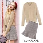 Set: Plain Sweater + Plaid A-line Skirt