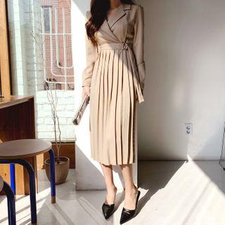 Notch-lapel Belted Pleated Long Wrap Dress
