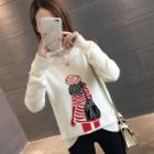 Cartoon Embroidered Pointelle Knit Sweater