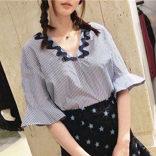 Embroidered Bell Sleeve V-neck Blouse