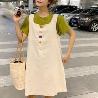 Set: Short Sleeve T-shirt + Buttoned Pinafore Dress Dress - Beige / T-shirt - Green - One Size