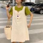 Set: Short Sleeve T-shirt + Buttoned Pinafore Dress Dress - Beige / T-shirt - Green - One Size