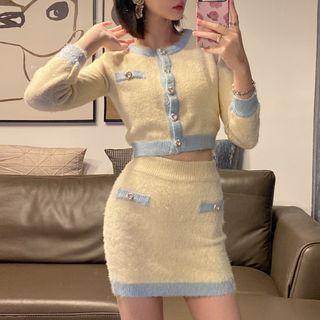 Two Tone Cardigan / Mini Fitted Knit Skirt