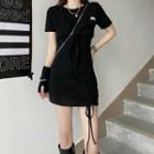 Set: Sleeveless Ruched Front Sheath Dress + Short Sleeve Top Black - One Size