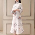 3/4-sleeve Floral Print A-line Qipao Midi Dress
