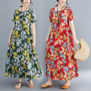 Short-sleeve Printed Loose Fit Maxi Dress