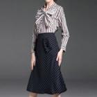 Set: Striped Tie-neck Blouse + Pinstriped A-line Skirt