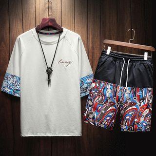 Set: 3/4-sleeve Print Panel T-shirt + Drawstring Shorts
