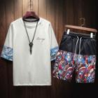 Set: 3/4-sleeve Print Panel T-shirt + Drawstring Shorts