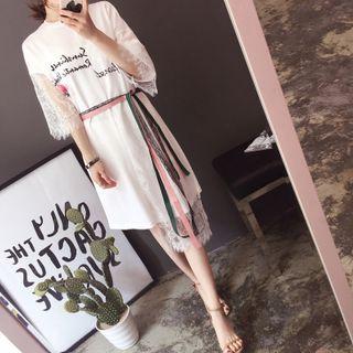 Elbow-sleeve Lace Panel Asymmetric Dress