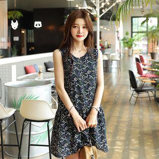 Notched-neckline Sleeveless Floral Mini Dress
