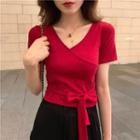 Tie-front V-neck Short Sleeve T-shirt