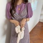 Plain Puff-sleeve Blouse / Flower Print Midi Pinafore Dress