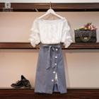Set: Off-shoulder Blouse + Striped A-line Midi Skirt