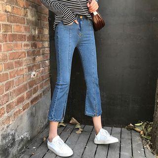 Cropped Front-slit Boot-cut Jeans