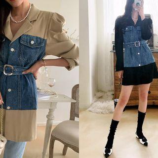 Denim-panel Mini Blazer Dress With Belt