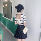 Short-sleeve Striped Cutout Knit Top / Mini Pleated Skirt