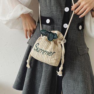 Letter Embroidered Straw Drawstring Crossbody Bag