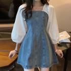 Mock Two-piece 3/4-sleeve Mini A-line Denim Dress