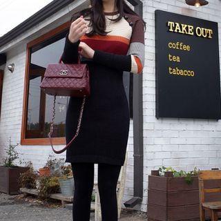 Long-sleeve Color Block Knit Mini Sheath Dress