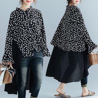 Long-sleeve Pattern Paneled High-low Shirt Black - One Size