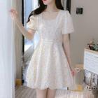 Puff-sleeve Floral Print Faux Pearl Trim A-line Dress