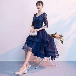 Elbow-sleeve Lace High-low Evening Dress