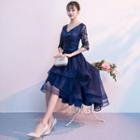 Elbow-sleeve Lace High-low Evening Dress