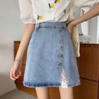 Lace Panel Denim Mini Skirt / Belt / Set