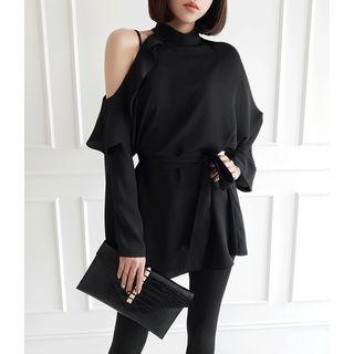 Cutout-shoulder Ruffle-trim Blouse With Sash