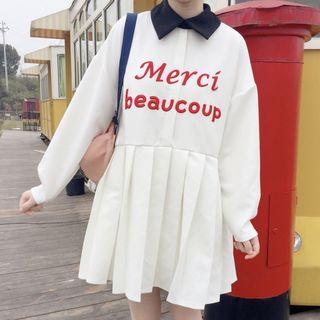 Lettering Long-sleeve Contrast Collar Pleated Dress As Shown In Figure - One Size